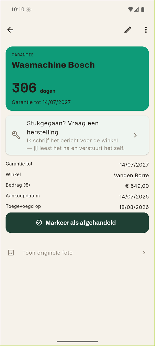 Detail van de garantie op een Bosch-wasmachine met 306 dagen te gaan en de knop om een herstelling te vragen