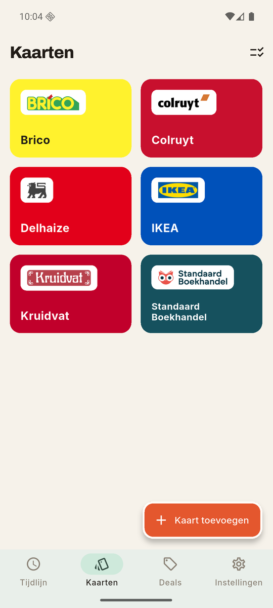 Het Kaarten-scherm met klantenkaarten van Brico, Colruyt, Delhaize, IKEA, Kruidvat en Standaard Boekhandel