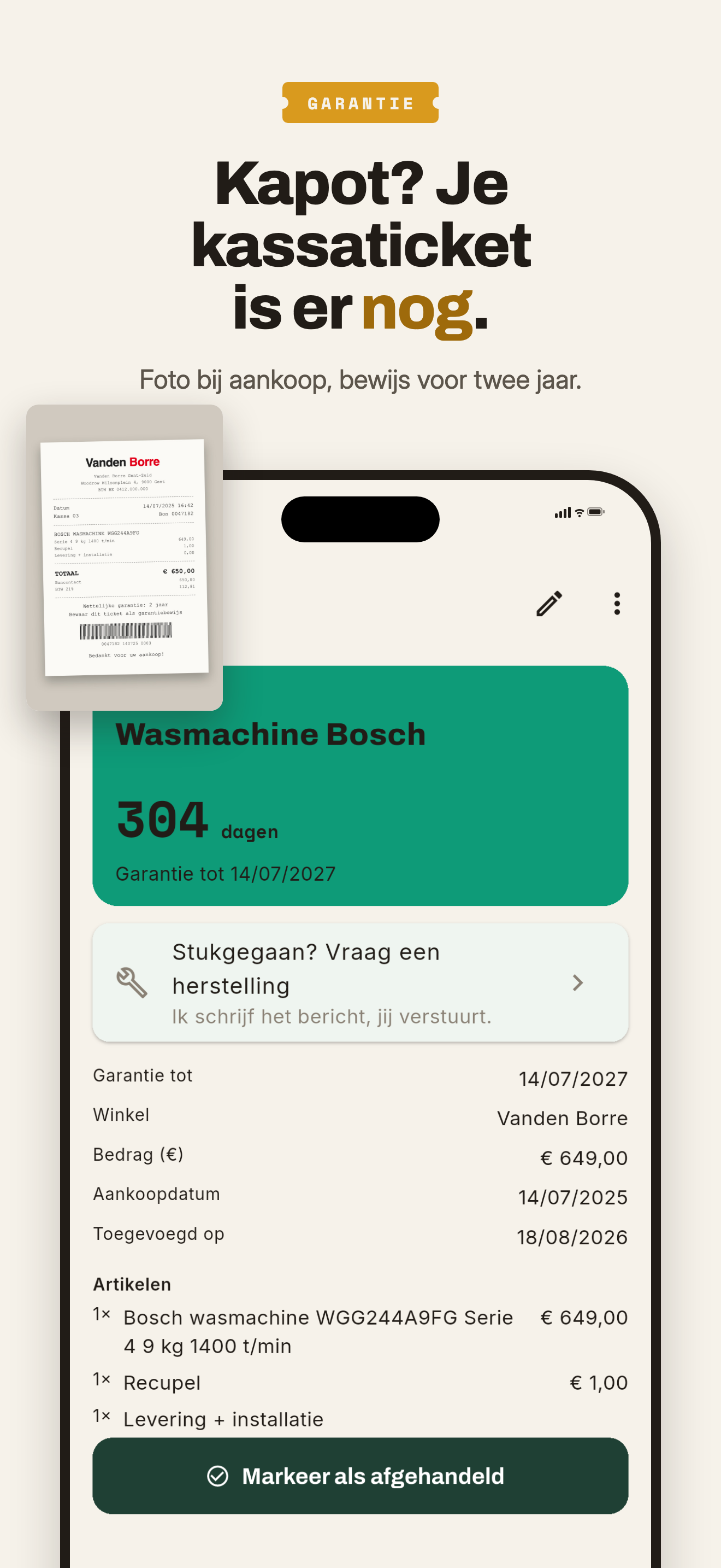 Garantie-detail van een Bosch-wasmachine met de knop om een herstelling te vragen